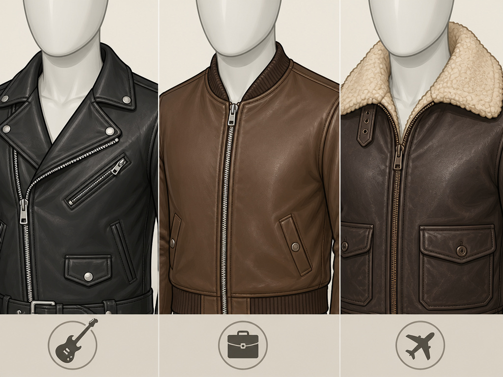 Three types of leather jacket collars: biker, bomber, and aviator styles.