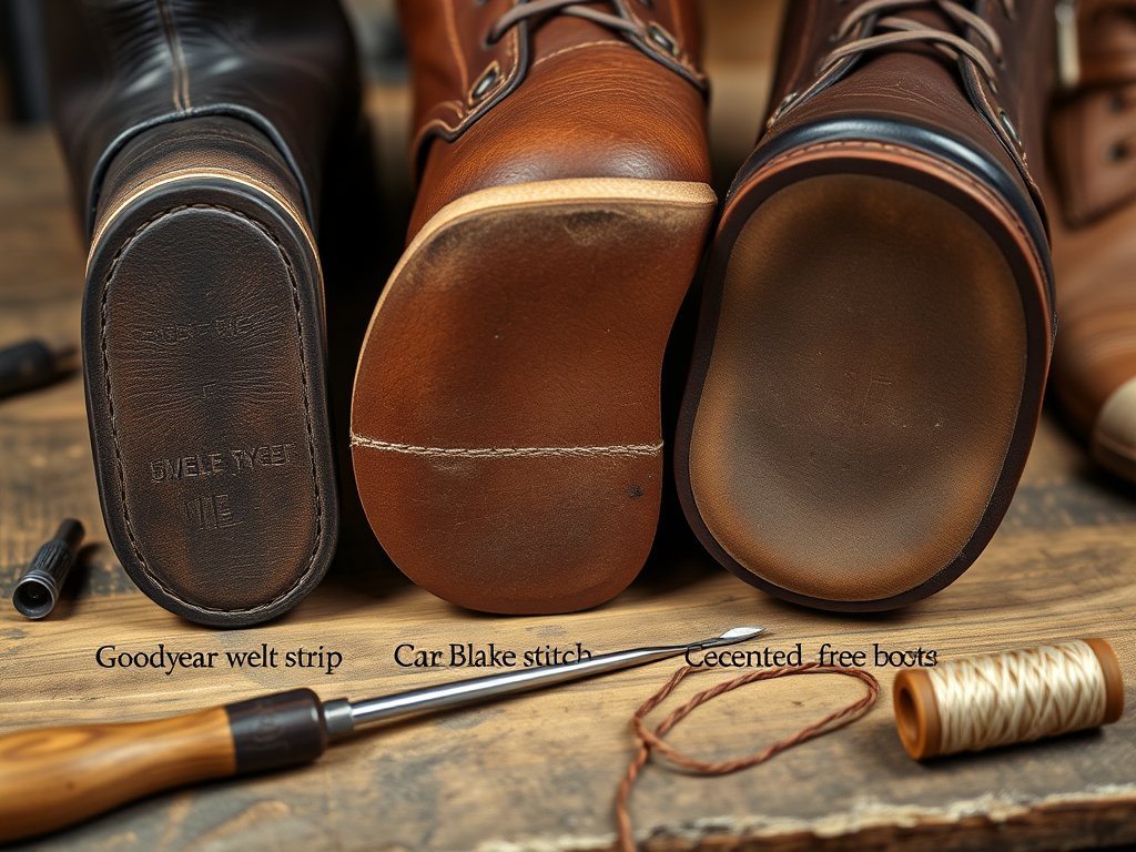 Close-up comparison of Goodyear welt, Blake stitch, and cemented boot sole construction methods.