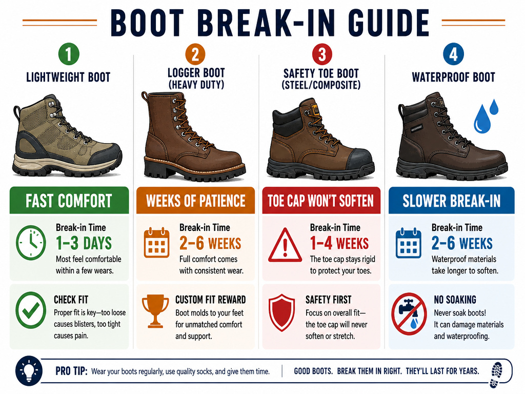 Infographic comparing break-in methods for different leather work boot types.
