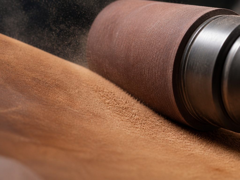 Close-up of suede buffing process with sandpaper cylinder on leather hide.