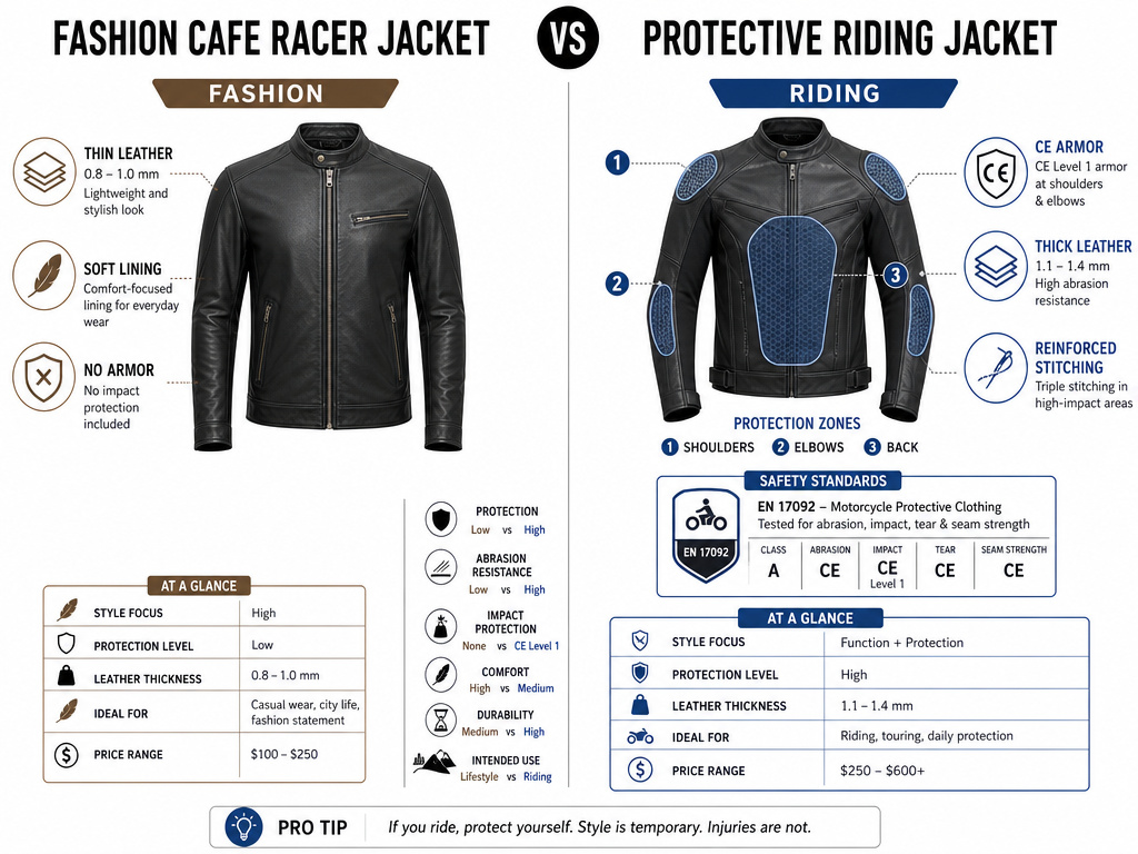 Infographic comparing fashion versus protective motorcycle cafe racer jacket features