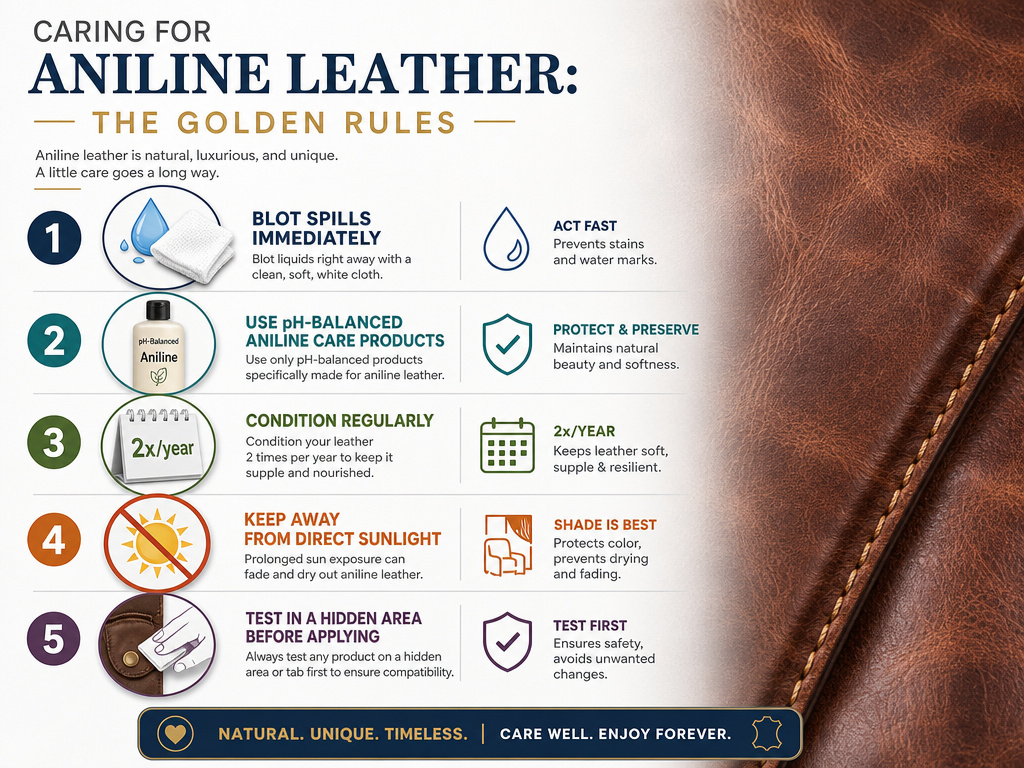 Infographic with five essential care rules for aniline leather furniture and goods.