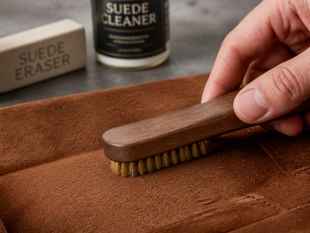 Proper suede brush cleaning and lifting the nap on suede leather.
