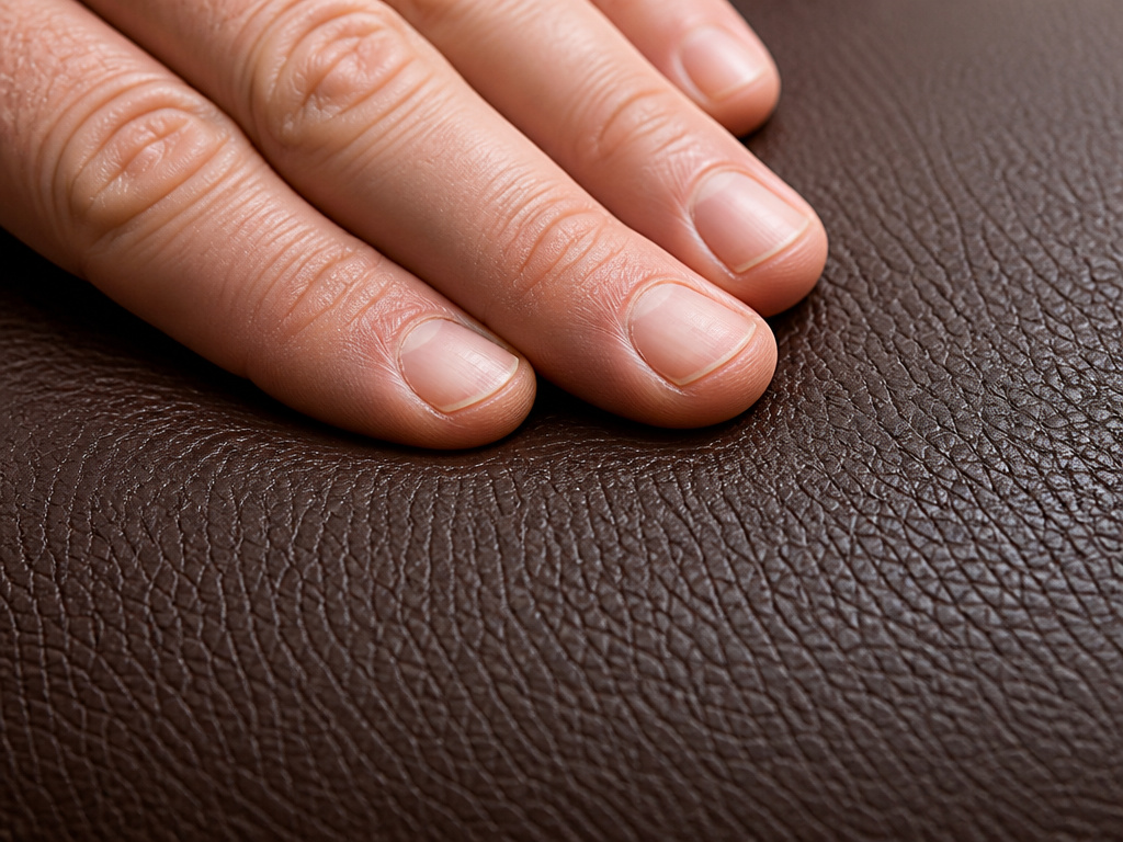 Close-up of a hand testing the firm, uniform surface of pigmented leather.