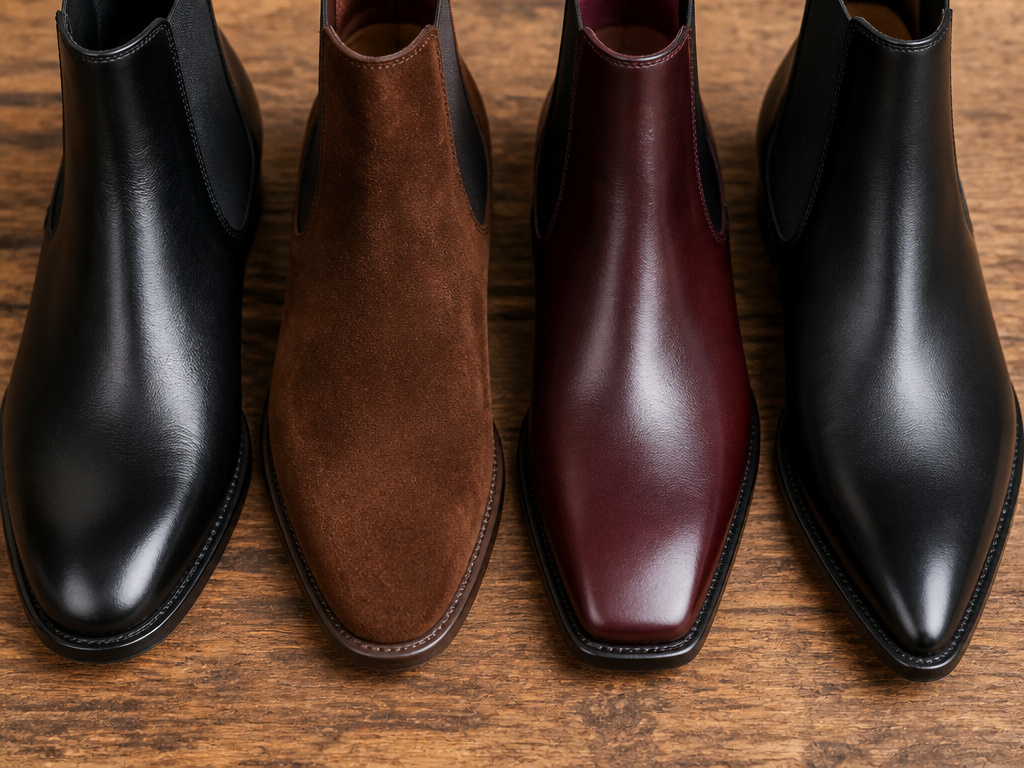 Chelsea boot variations in toe shape, sole type, and material finishes.