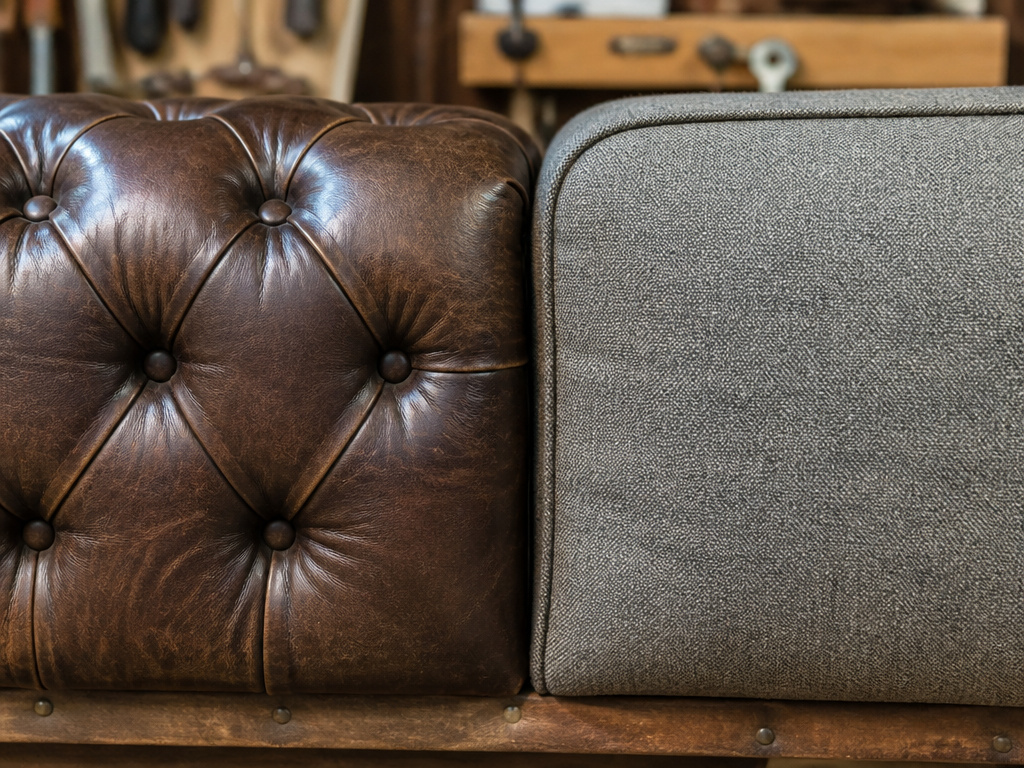 Close-up comparison of tufted leather and plain fabric Chesterfield sofa backs.