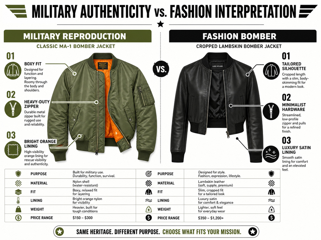 Comparison infographic between authentic military bomber jacket and modern fashion bomber jacket.