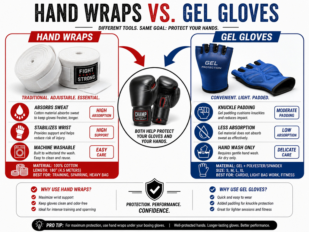 Infographic comparing hand wraps and gel gloves for leather boxing glove care.