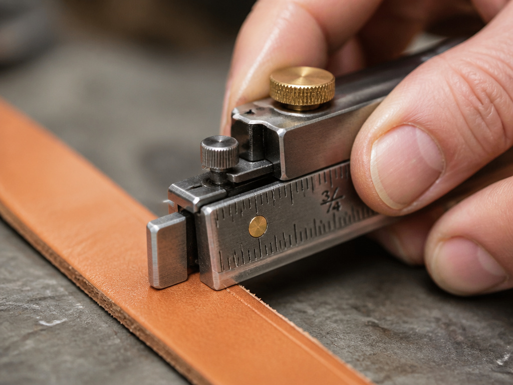 Close-up of an adjustable leather groover cutting a channel into damp leather.