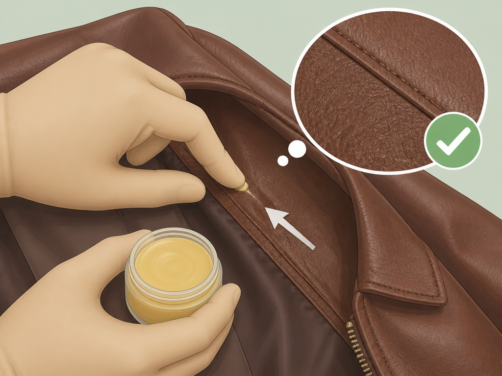 Testing leather balm on a hidden seam before full application.