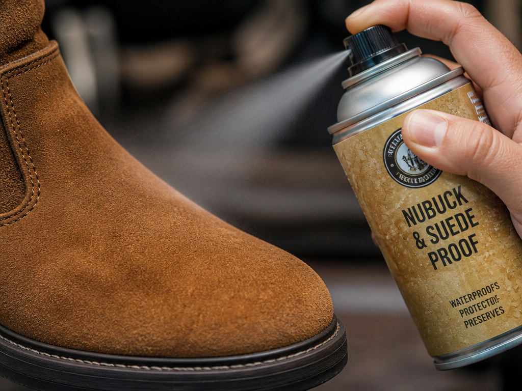 Applying water-based waterproofing spray to the surface of a suede boot.