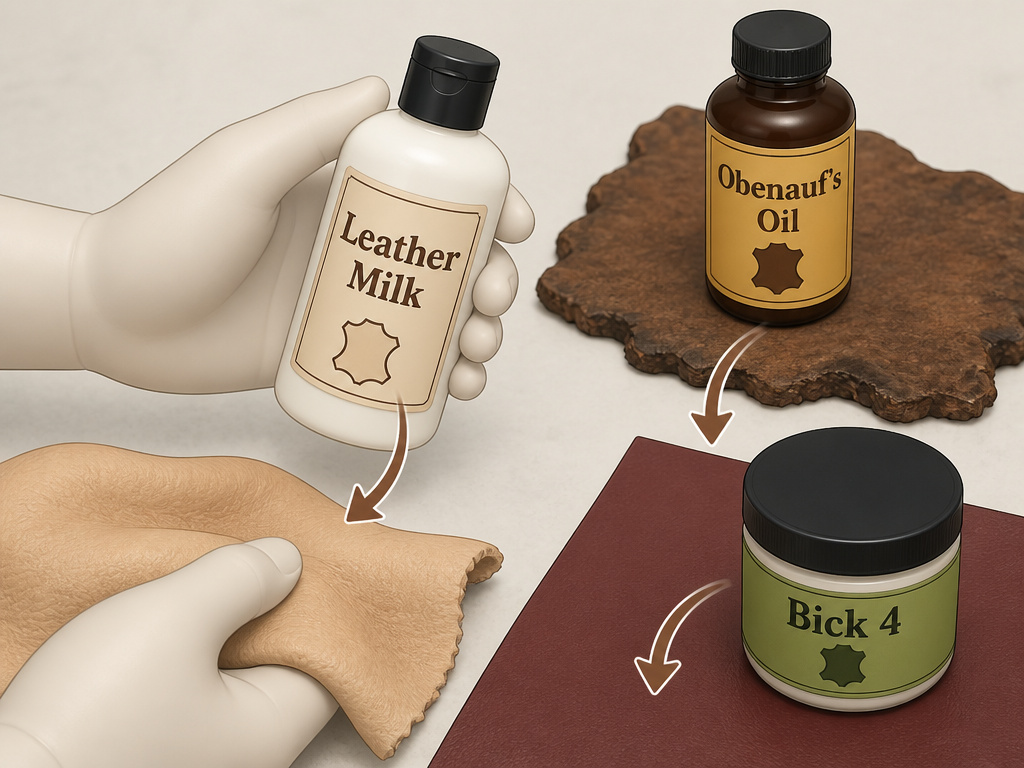 Choosing leather conditioner: oil for rustic, lotion for aniline, cream for protected leather.