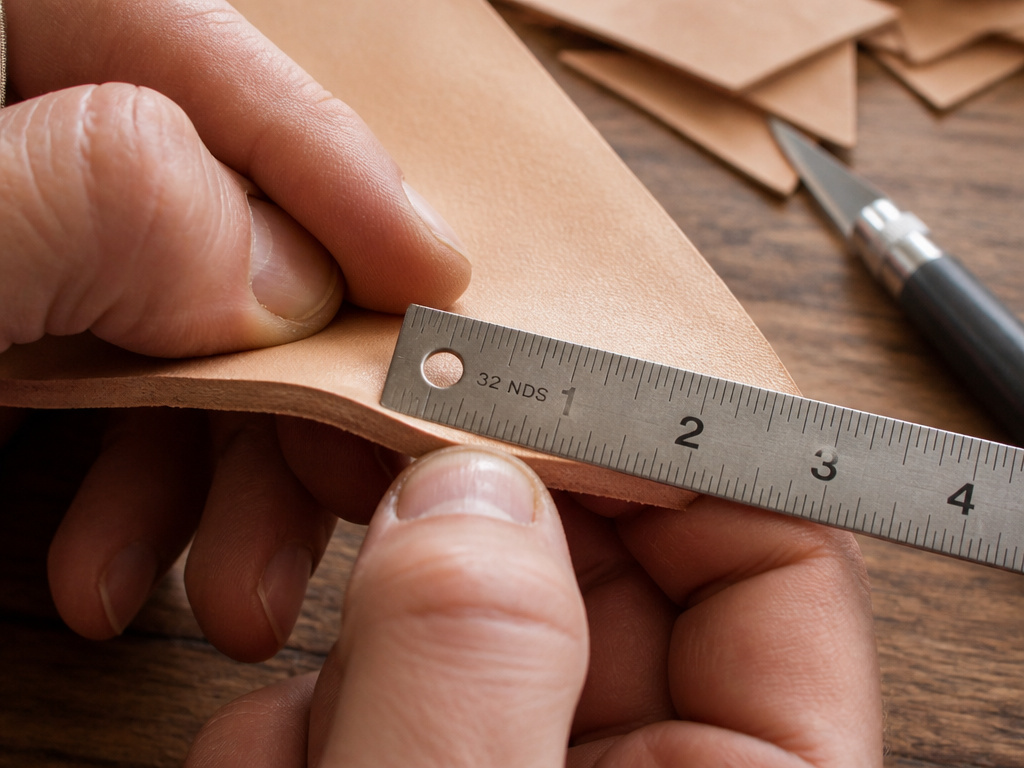 Close-up of hands holding and flexing a piece of 3-4 oz vegetable-tanned tooling leather.