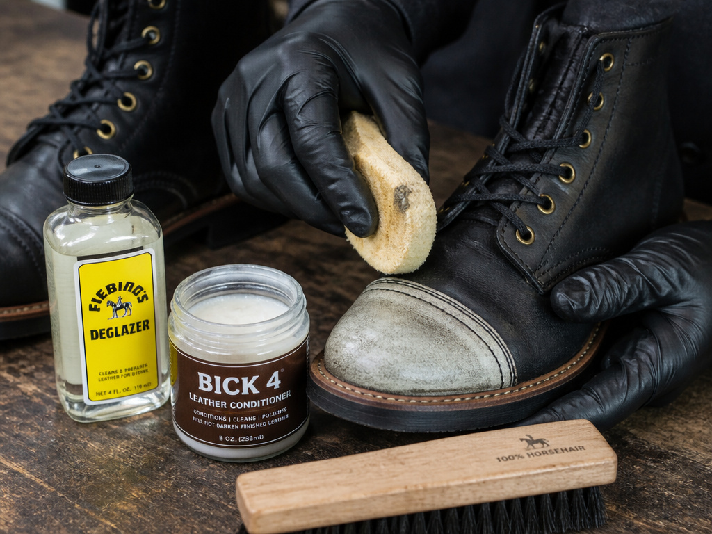 Tools and hands applying dye to lighten leather on workbench