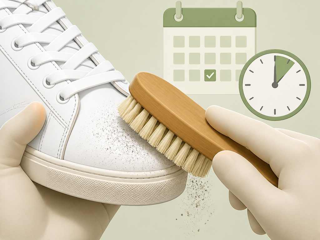 Cartoon of brushing leather sneakers on a schedule calendar.
