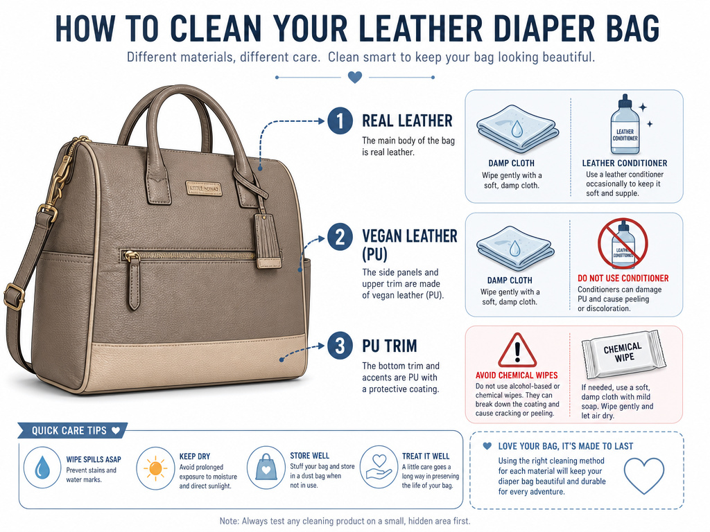 Infographic comparing cleaning methods for leather diaper bag materials and trim