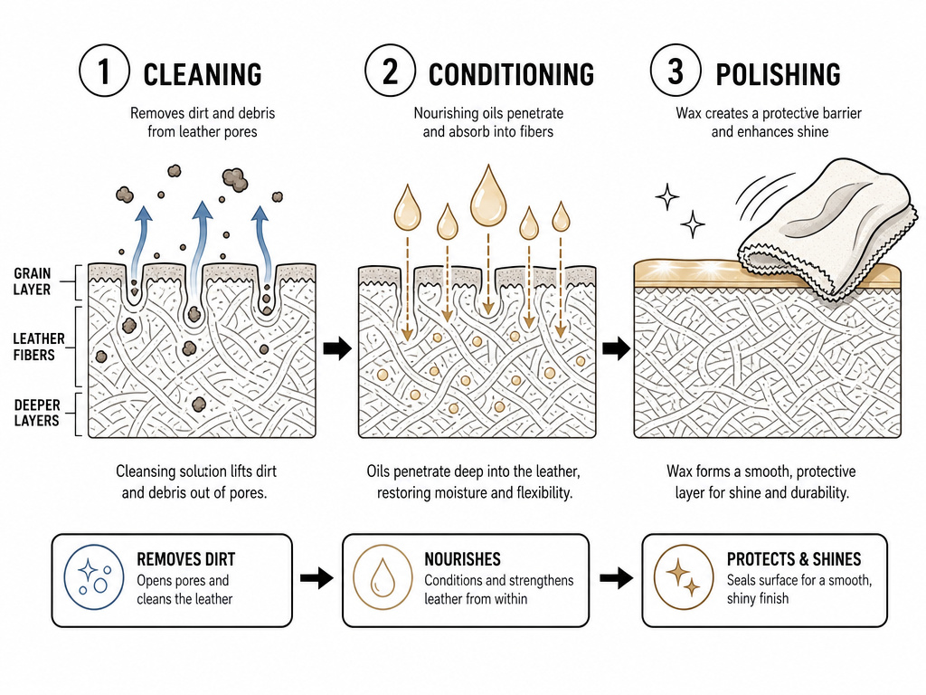 Diagram comparing leather shoe cleaning, conditioning, and polishing processes.