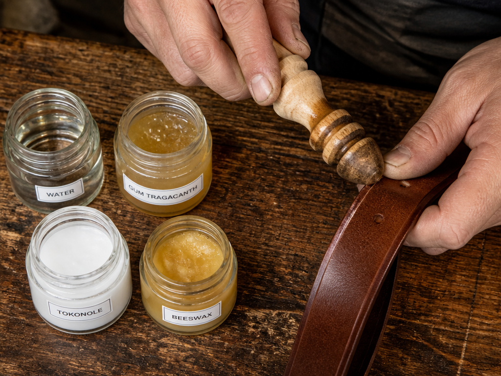 Comparing water, gum tragacanth, Tokonole, and beeswax for burnishing leather edges.