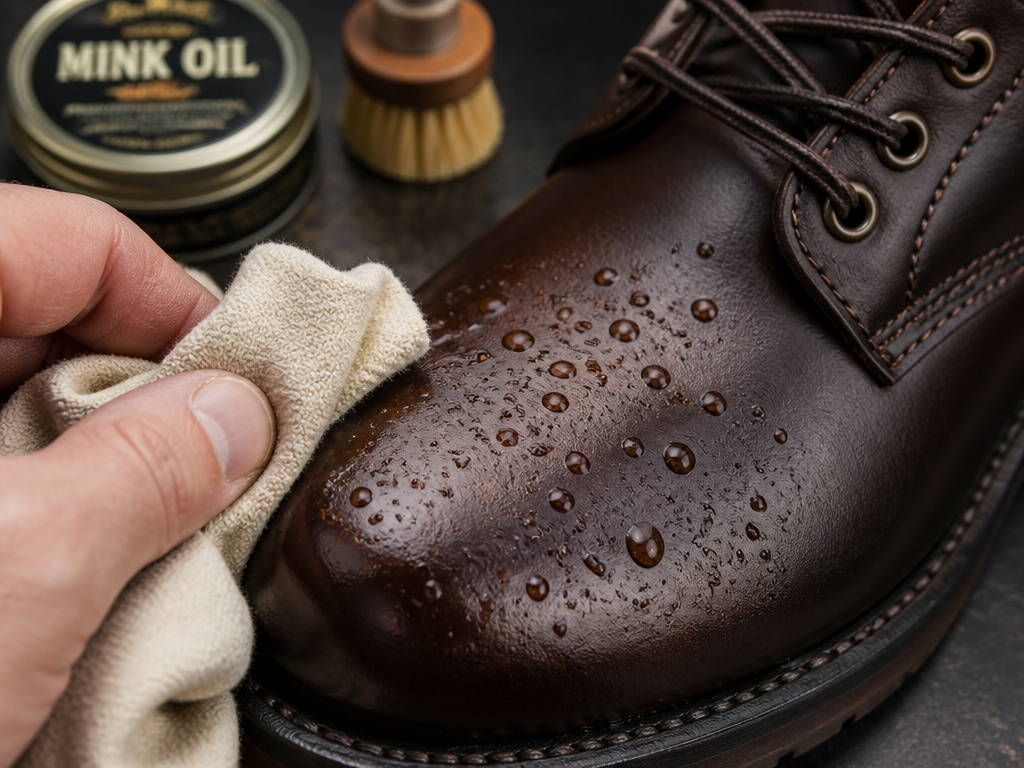 Correcting over-applied mink oil by wiping excess from leather boot.