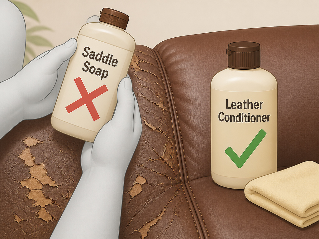 Common mistake of using harsh saddle soap on delicate leather furniture.