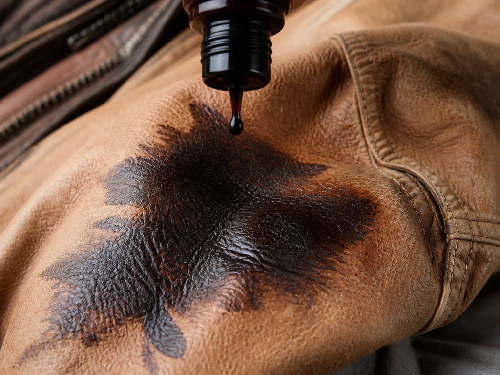Close-up of dark blotching on light leather from improper conditioner application.