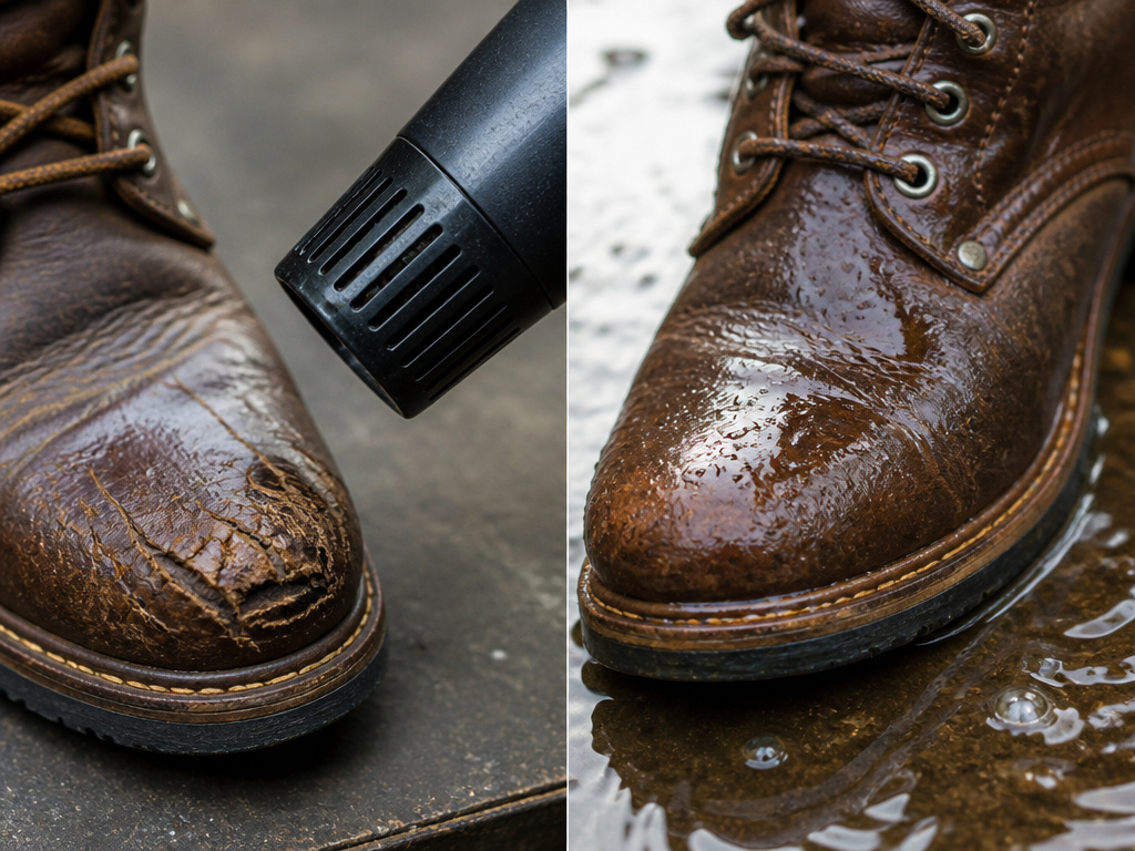 Damaged cracked leather boot with hairdryer heat and water puddle