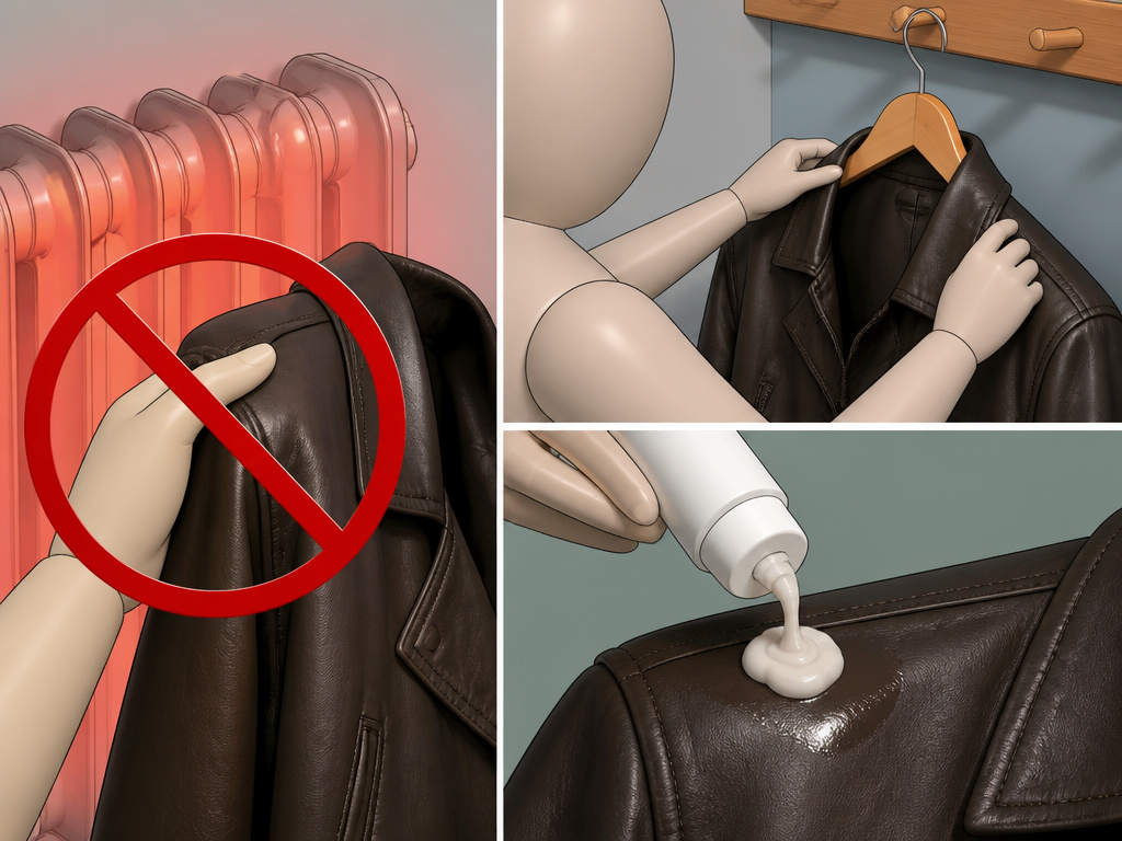 Common leather coat care mistakes: heat drying, plastic storage, over-conditioning