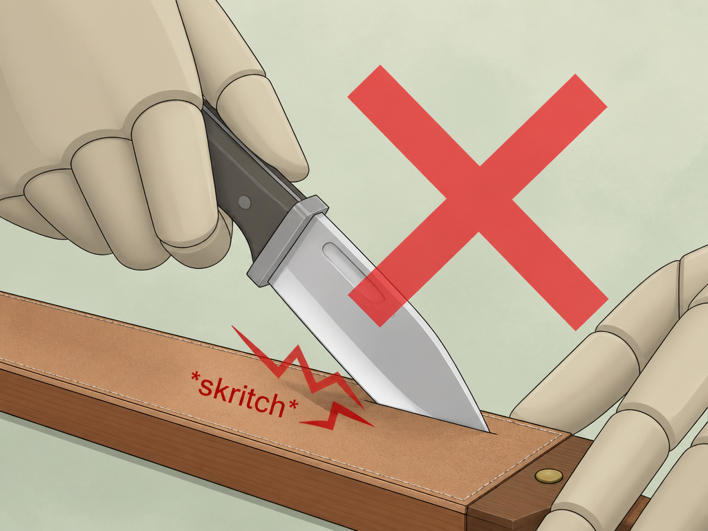 Incorrect knife stropping technique pushing edge into leather strop