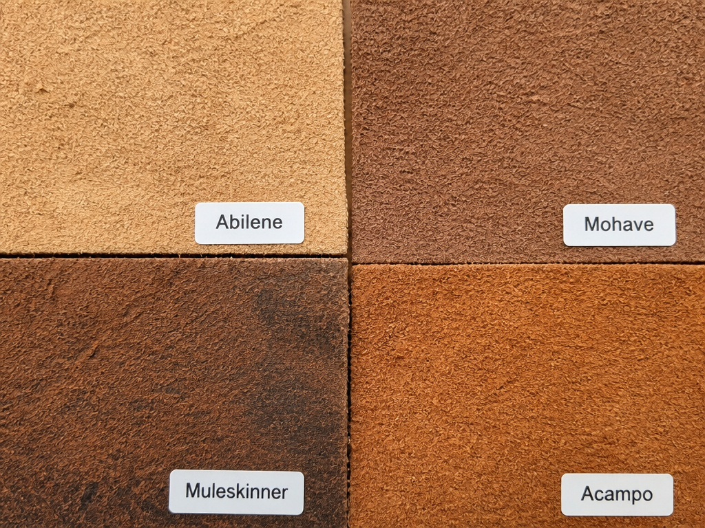 Four types of roughout leather finishes: Abilene, Mohave, Muleskinner, and Acampo.