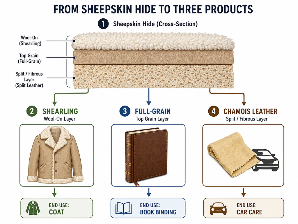 Diagram of sheepskin leather split into shearling, full-grain, and chamois uses.