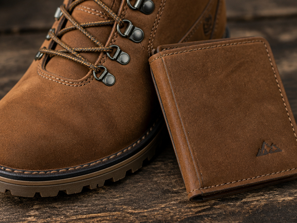 Close-up of durable nubuck leather hiking boots and a matching wallet.