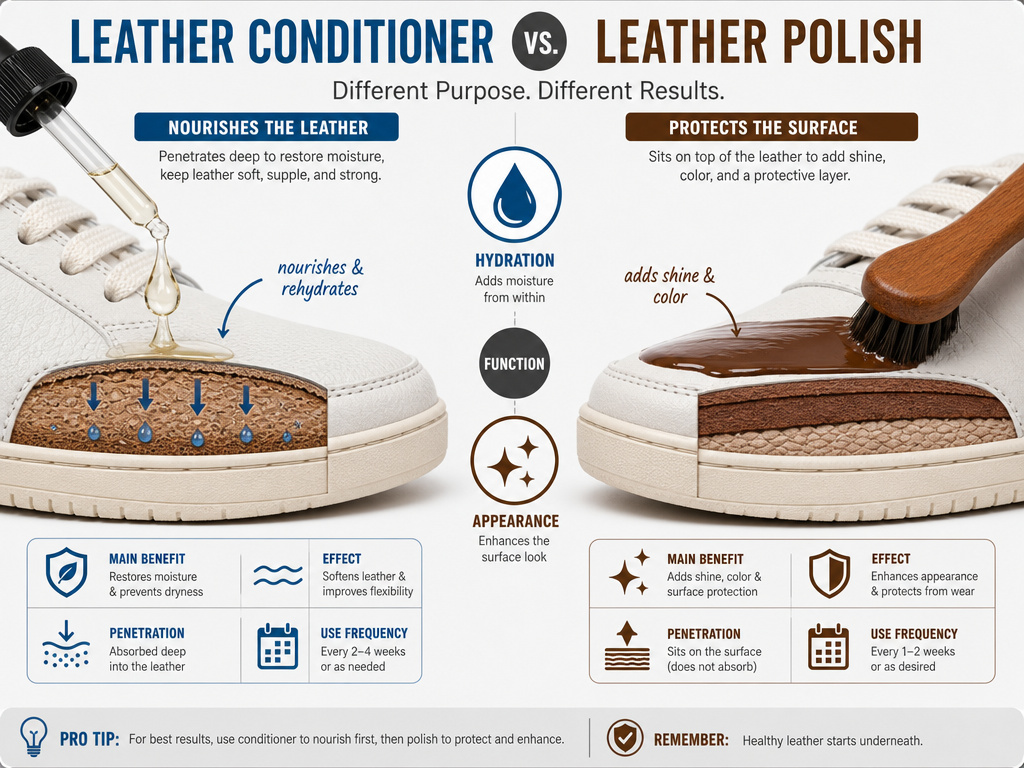 Infographic comparing leather sneaker conditioner for nourishment versus polish for shine