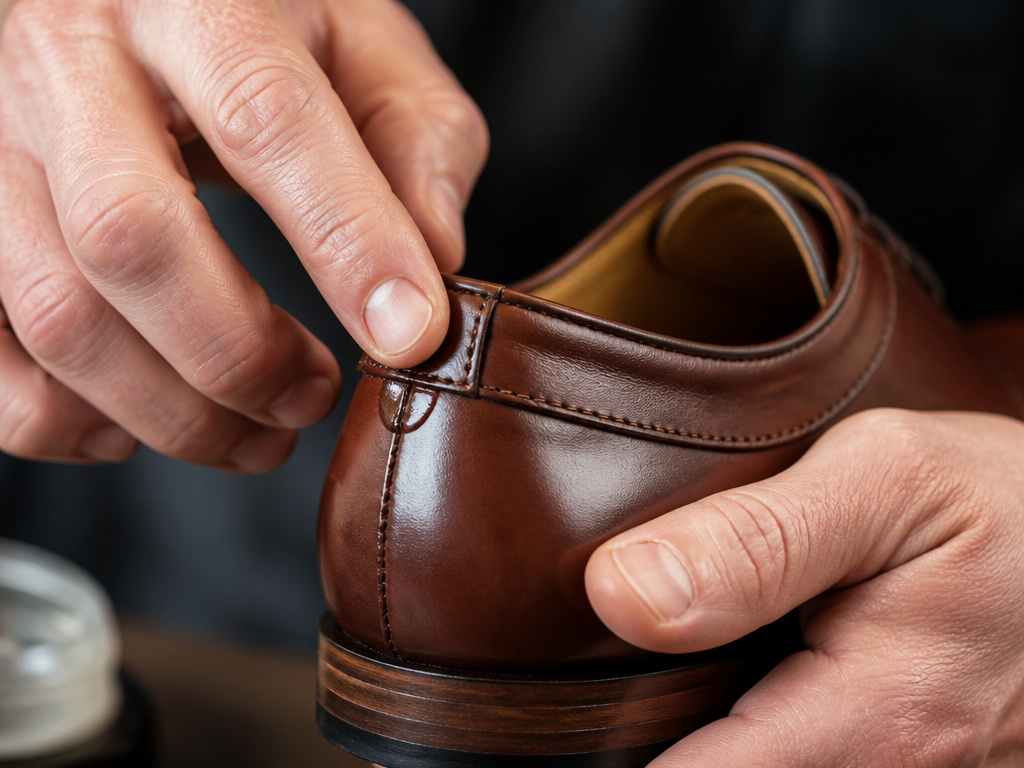 Applying leather conditioner to a stiff heel during shoe break-in process