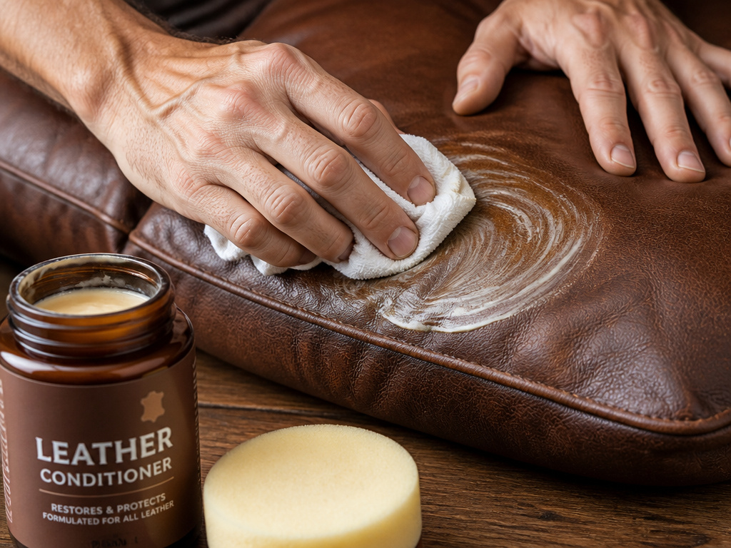 Applying leather conditioner to a brown couch cushion with a white cloth.