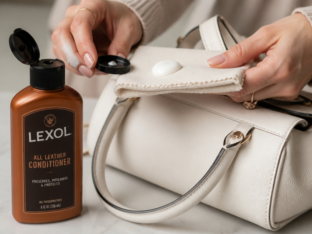 Applying leather conditioner to a clean white handbag with a soft cloth.