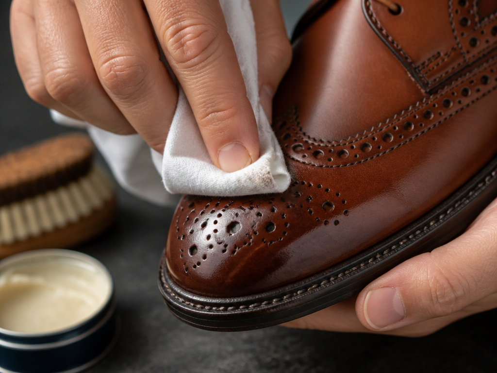 Close-up of conditioning a brogue shoe's perforated leather with a cloth.