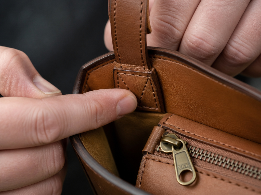 Close-up details of quality leather handbag construction: stitching and hardware.
