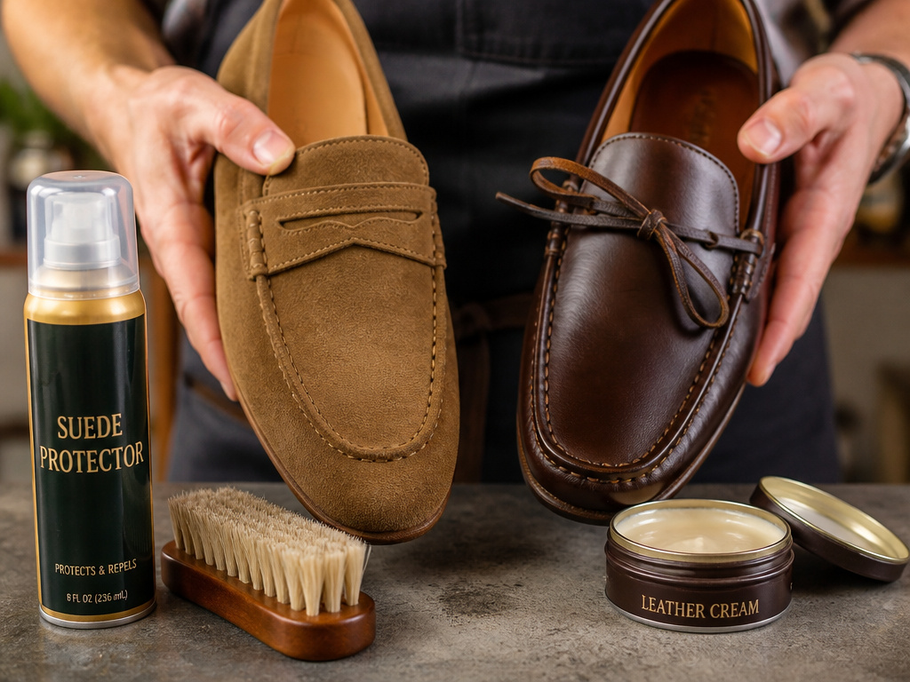 Proper leather care products for suede loafers and calfskin moccasins