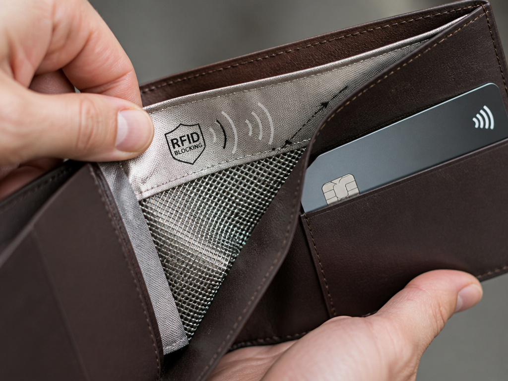 Close-up of a minimalist wallet's interior RFID-blocking lining shielding a contactless card.