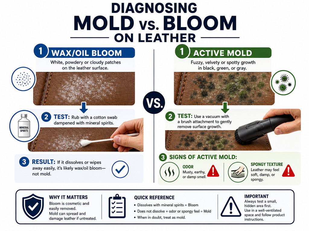 Diagnostic infographic comparing mold and wax bloom on leather surfaces.