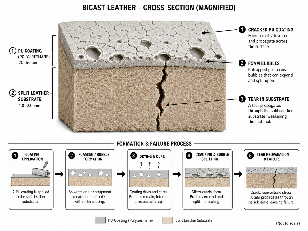 Diagram of bicast leather failure showing cracked coating and torn substrate.