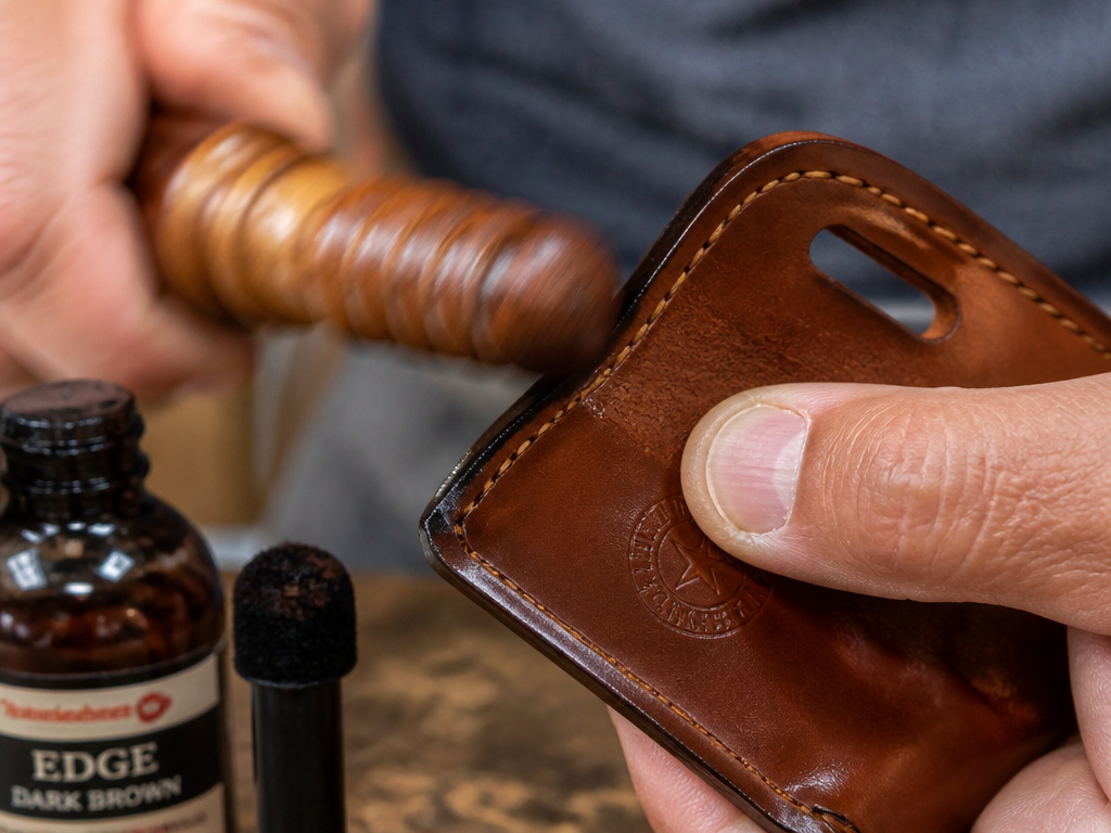 Close-up of burnishing a leather holster edge with a wooden slicker tool.