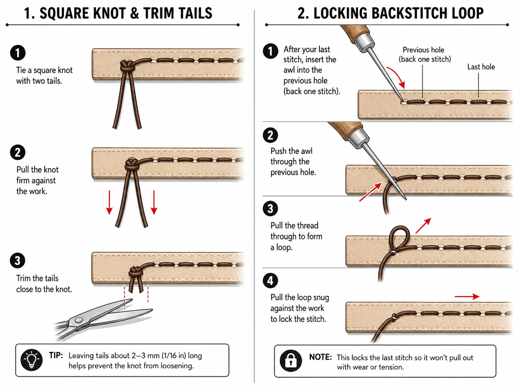 Two methods to finish stitching awl work: knot and backstitch diagram