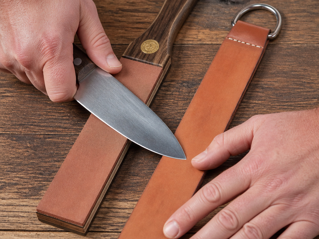 Comparison of a rigid paddle strop and a flexible hanging leather strop in use.