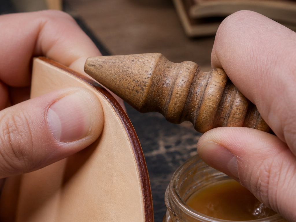 Close-up of hands burnishing and finishing a leather edge with a wood slicker.