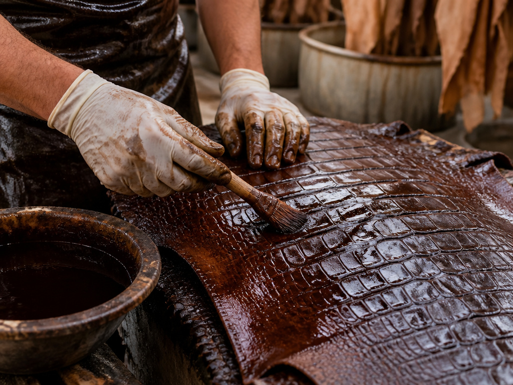 Chrome tanning process for alligator leather hides in a tannery.