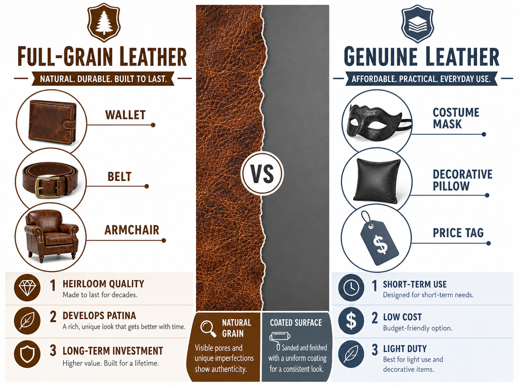 Infographic comparing full grain versus genuine leather uses and characteristics.