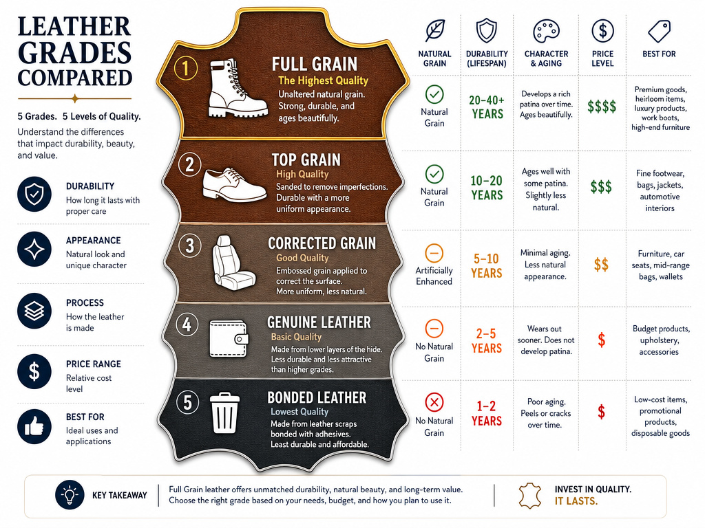 Infographic comparing full grain leather to other leather grades and lifespans.