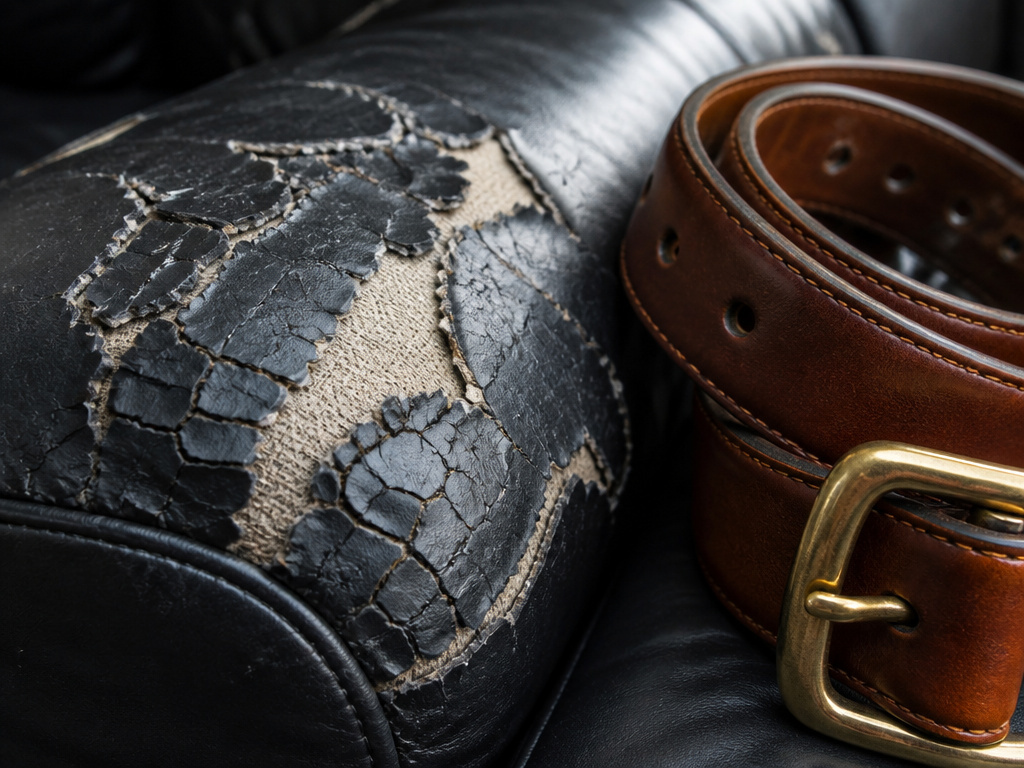 Close-up comparison of peeling bonded leather versus quality aged leather.