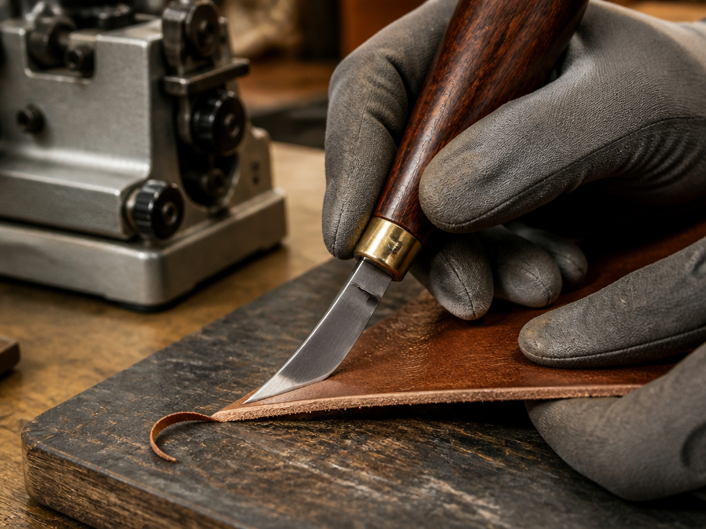 Hand skiving knife versus machine skiver for thinning leather edges in leathercraft.